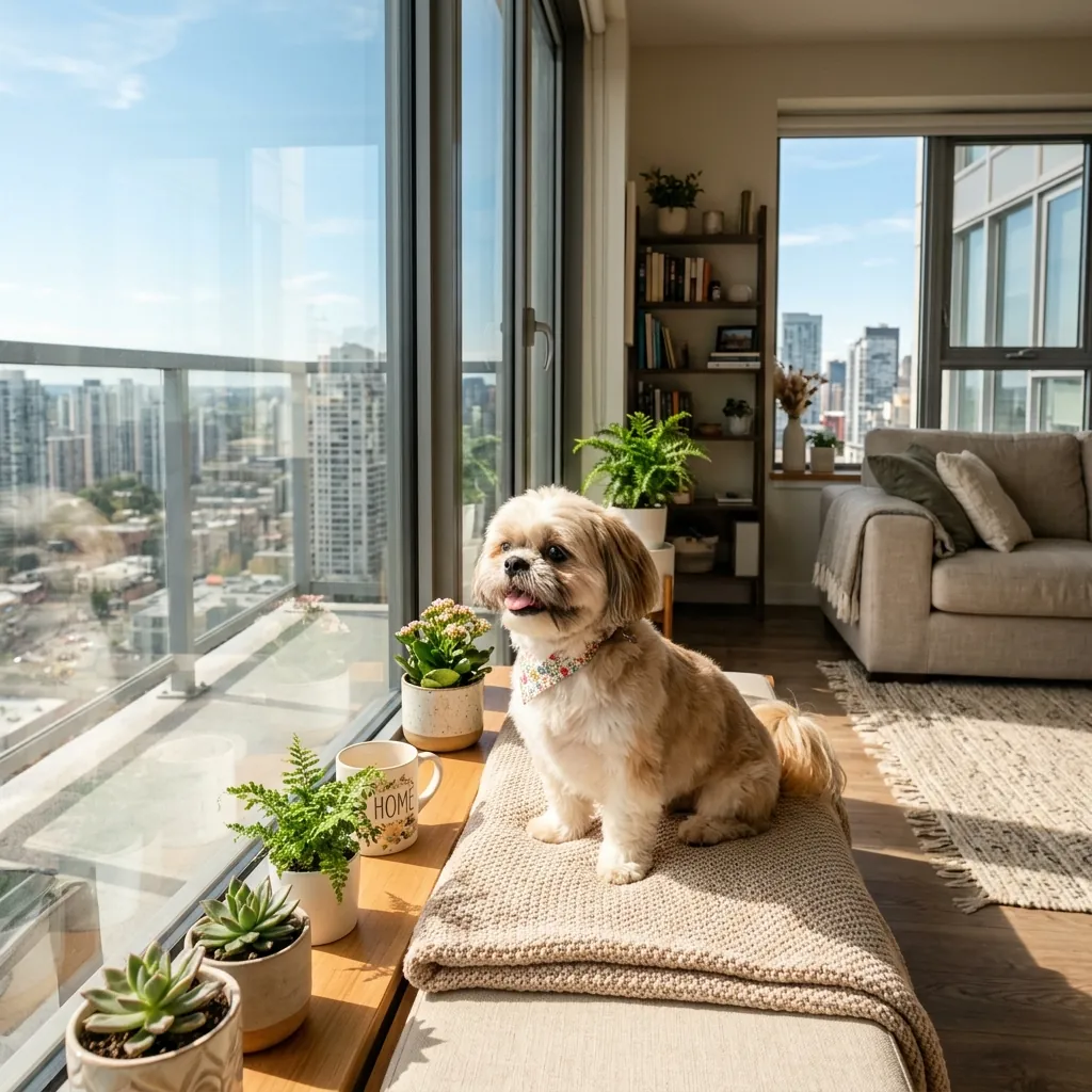 Shih Tzu looking out balcony window of apartment building in Kolkata