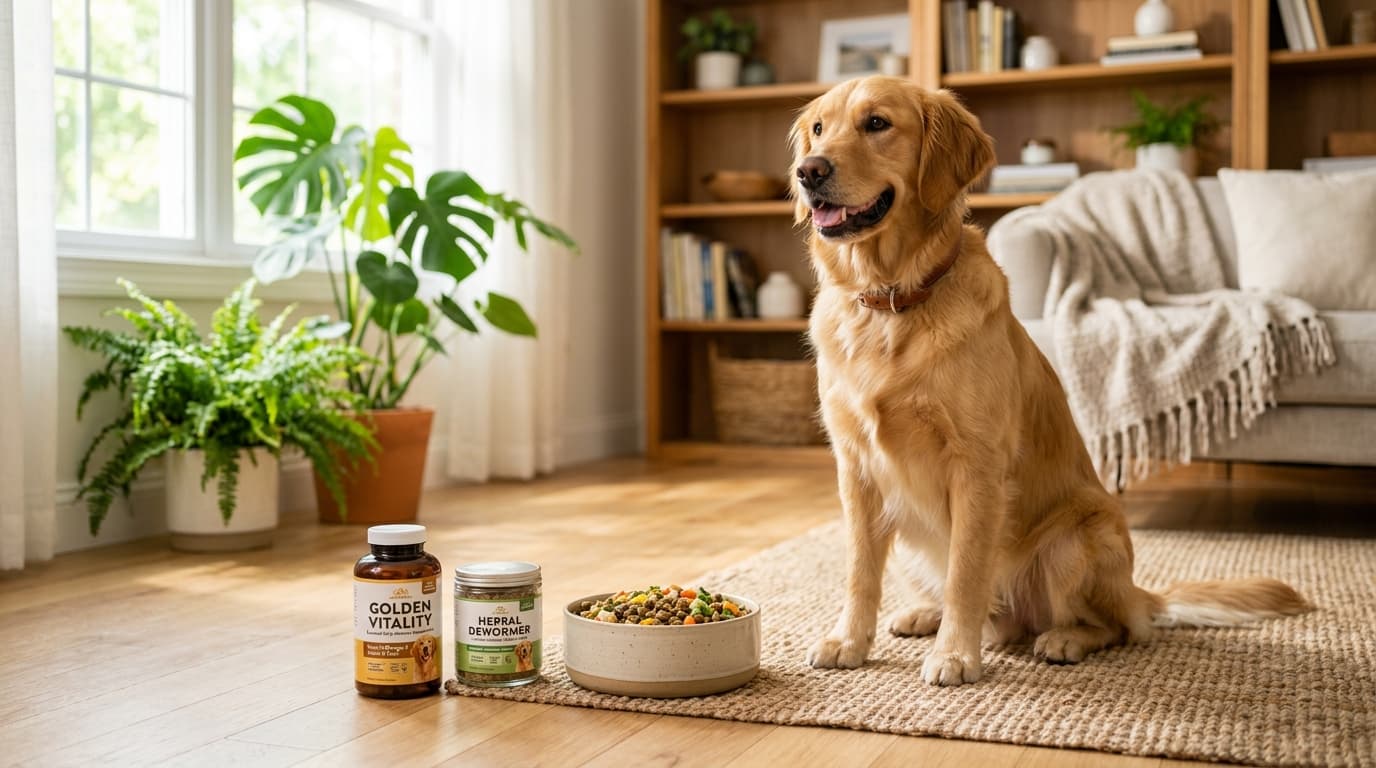 Healthy golden retriever with veterinary deworming supplements in a warm living room