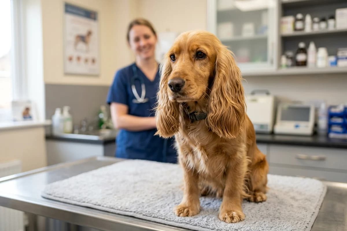 Cocker Spaniel receiving a gentle ear examination by a veterinary professional in a clinic room