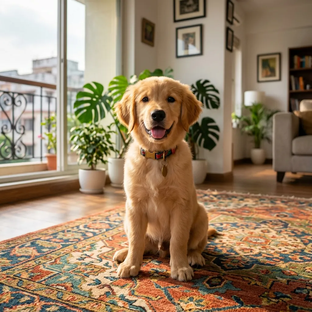 Adorable golden retriever puppy sitting happily in a home in Kolkata