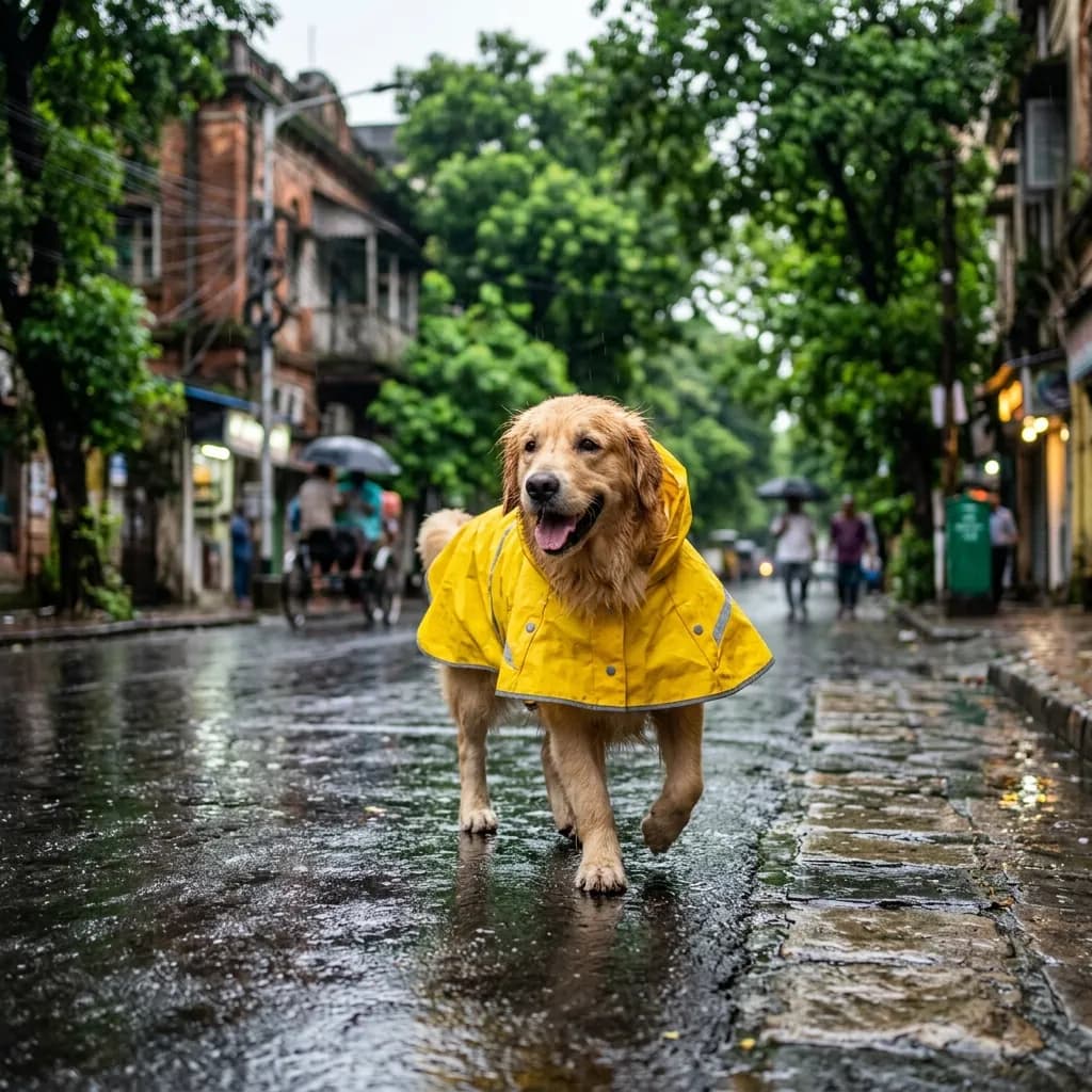 Cute dog wearing yellow raincoat on wet Kolkata street