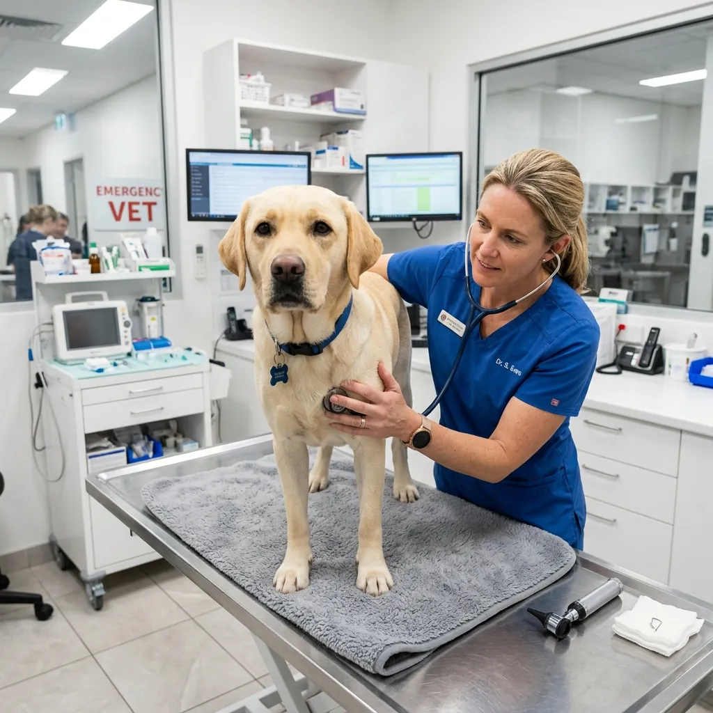 Veterinary doctor examining dog in an emergency clinic room