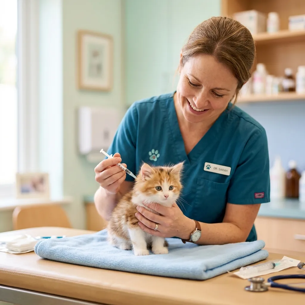 Kitten receiving routine vaccination checkup from female vet