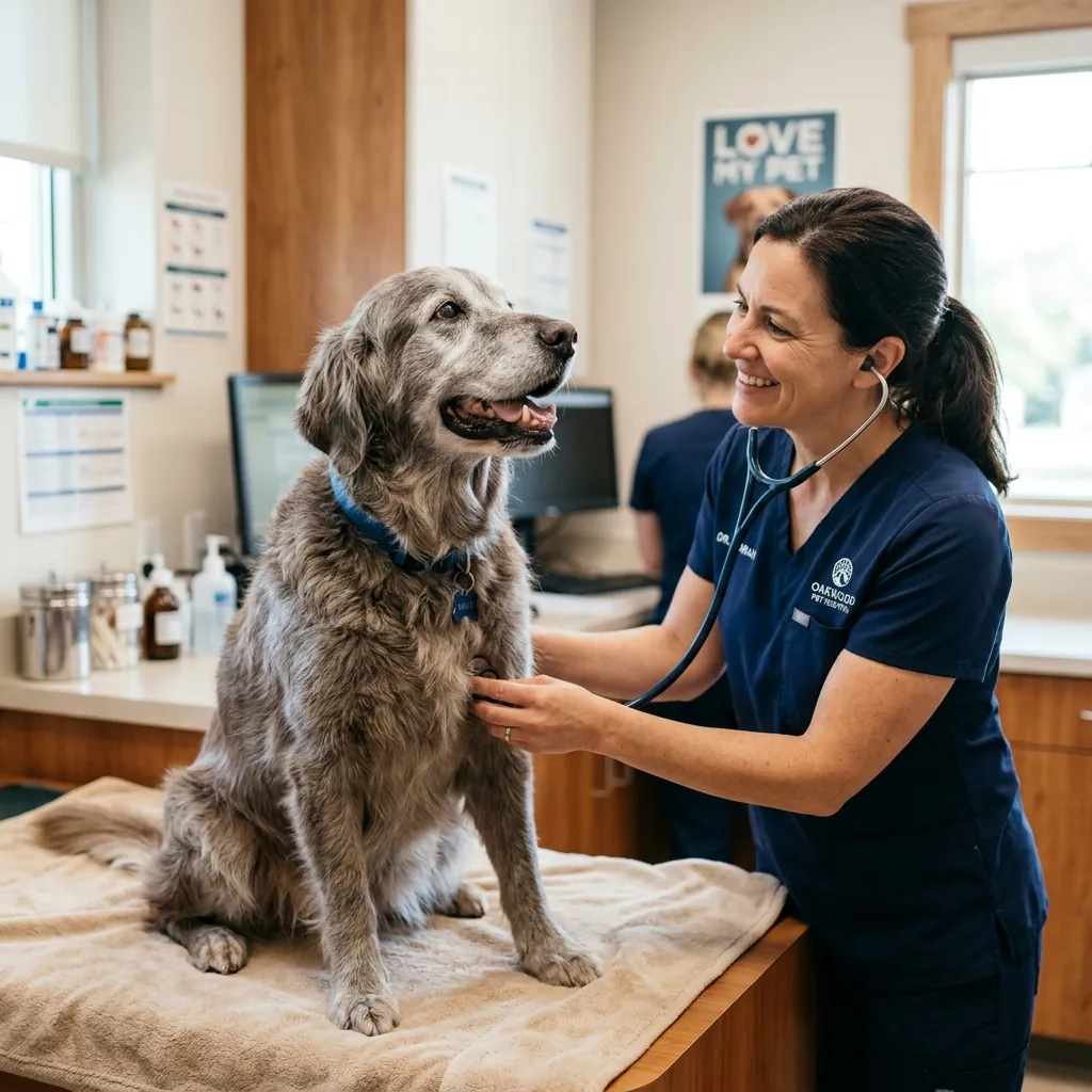 Affectionate senior Golden Retriever getting gentle examination by vet