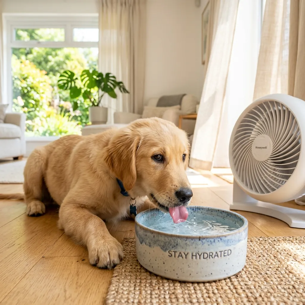 Dog drinking cool water beside a fan during hot Kolkata summer