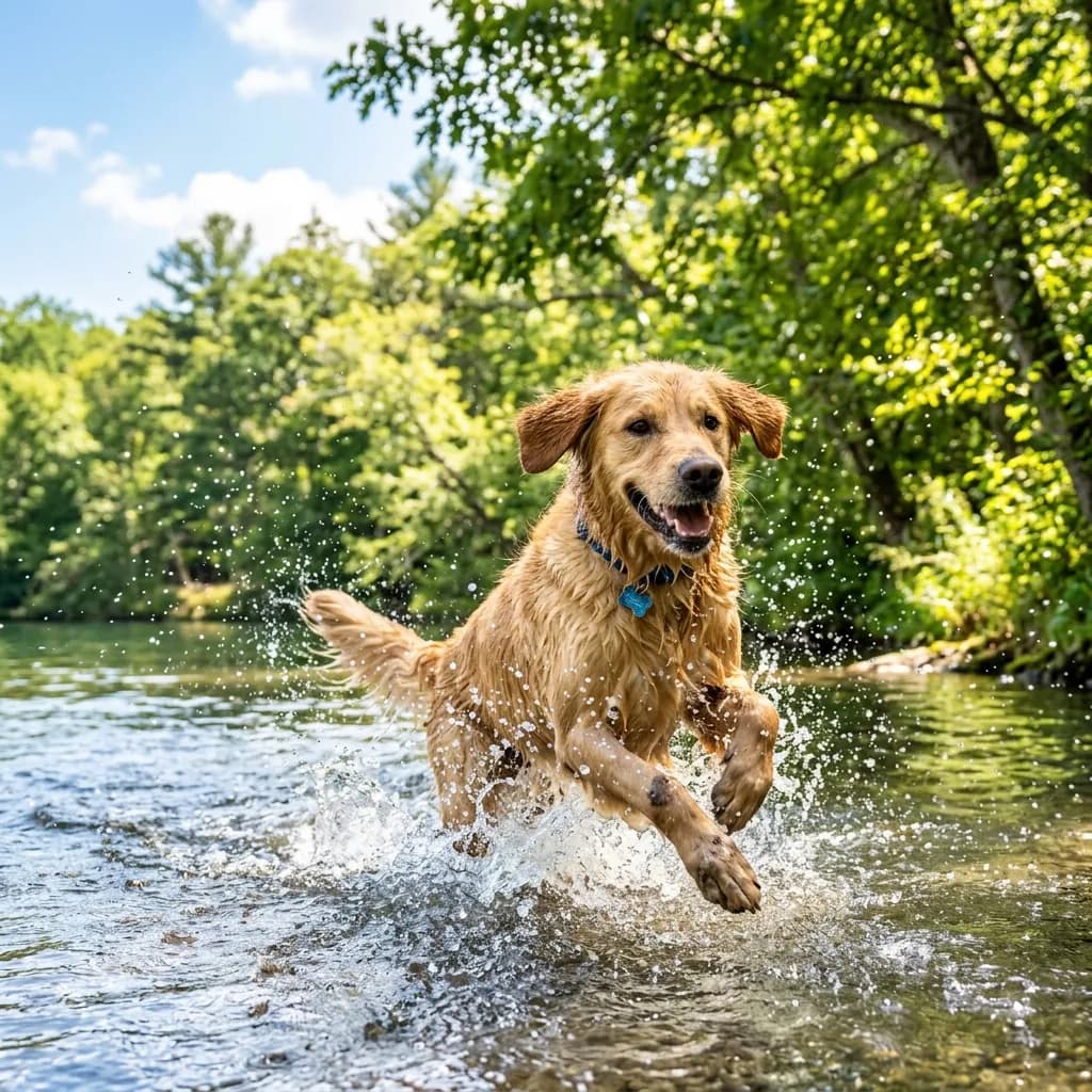 Playful dog splashing with cooling water on a sunny summer day