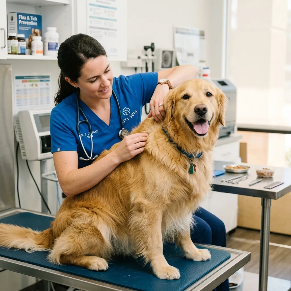 Vet inspecting dog fur during routine tick checkup