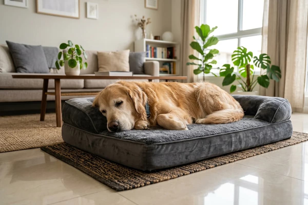 Senior Golden Retriever resting comfortably on an orthopedic memory foam bed in an apartment with floor runners