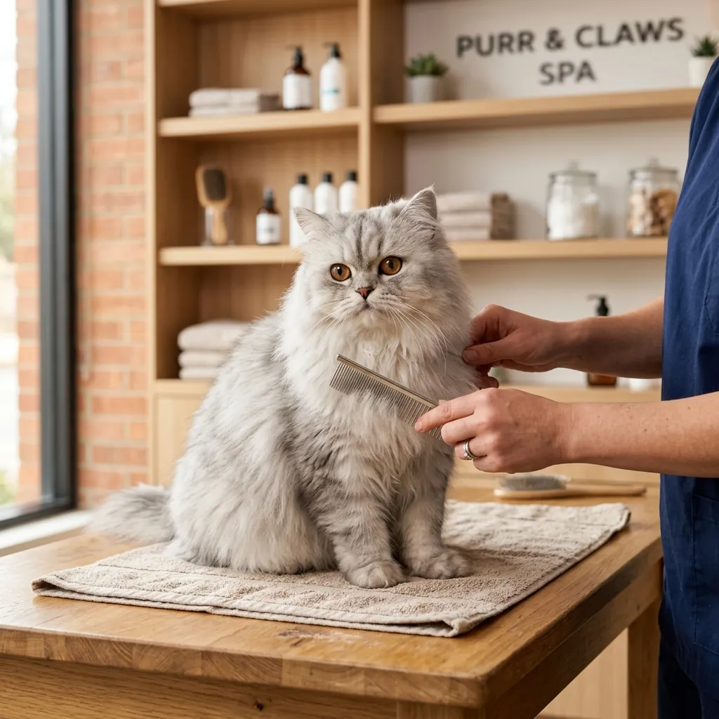 Fluffy Persian cat getting groomed in a warm pet spa