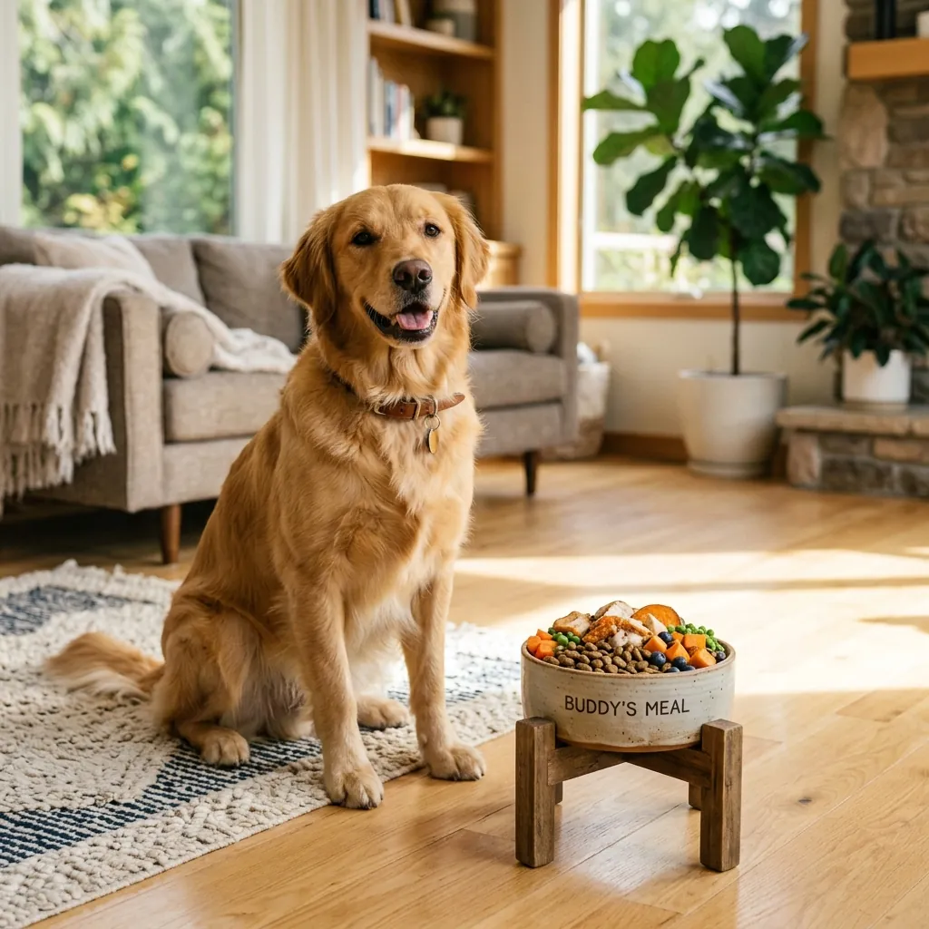 Happy dog sitting beside a bowl of premium dog food kibble