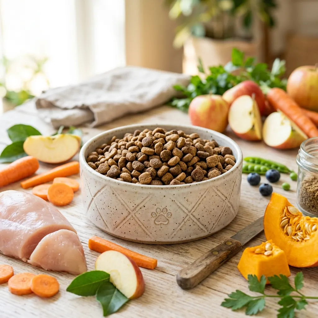 Healthy bowl of pet food kibble surrounded by fresh wholesome ingredients