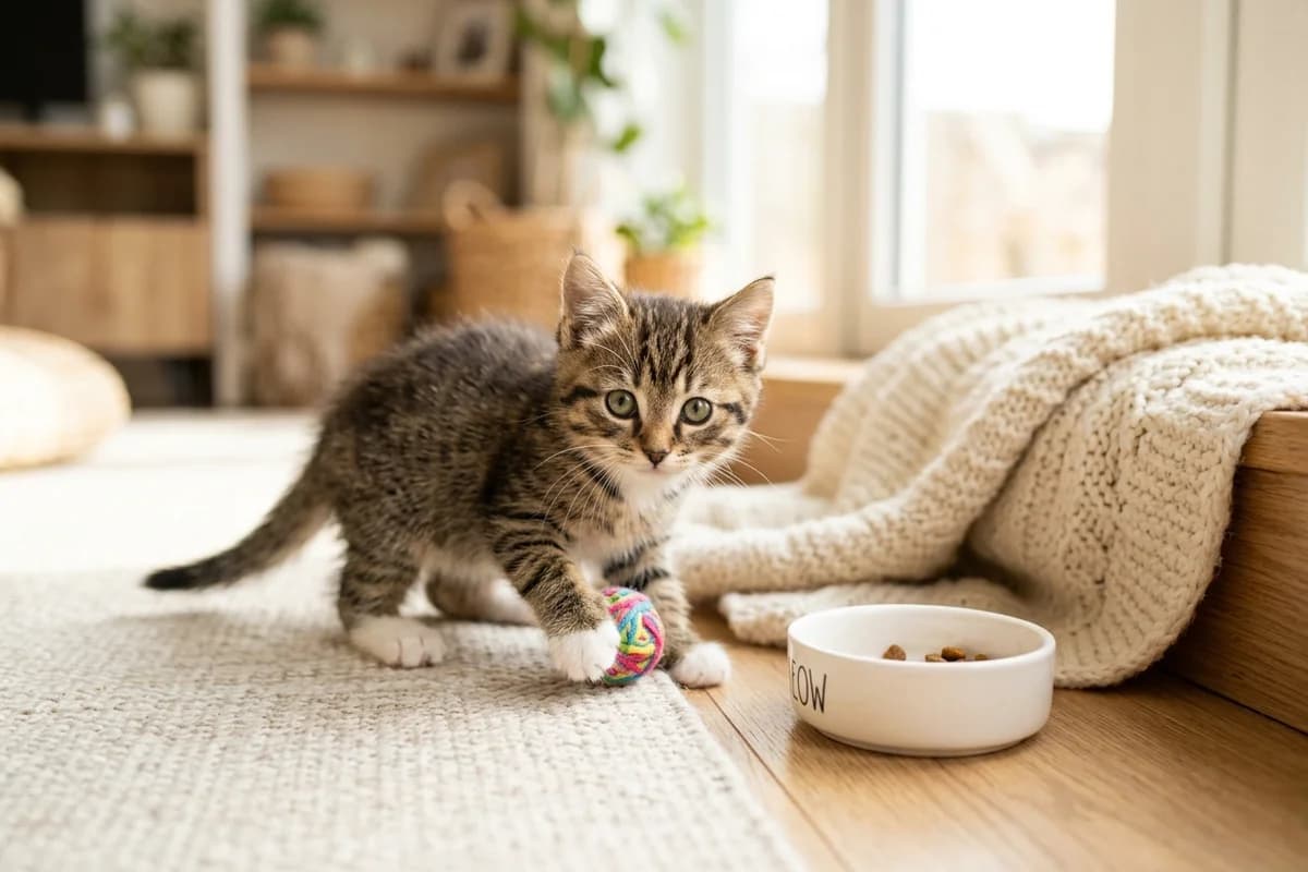Adorable domestic kitten exploring next to a clean feeding bowl and soft warm blanket